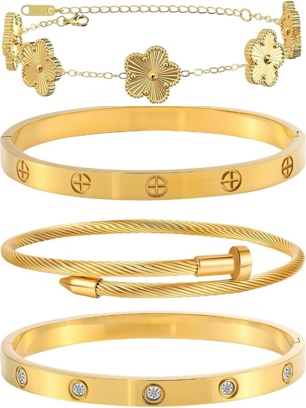 Women's Set 4pc 18 Gold Floral Stackable Stainless Steel Bangle Bracelets